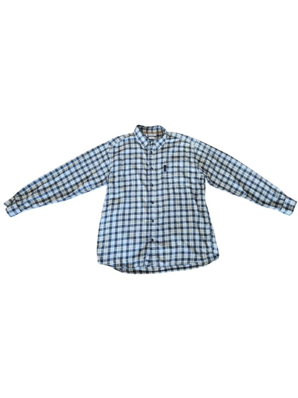 Columbia Men's L Plaid Flannel Shirt Blue Yellow 100% Cotton Fabric Long sleeves